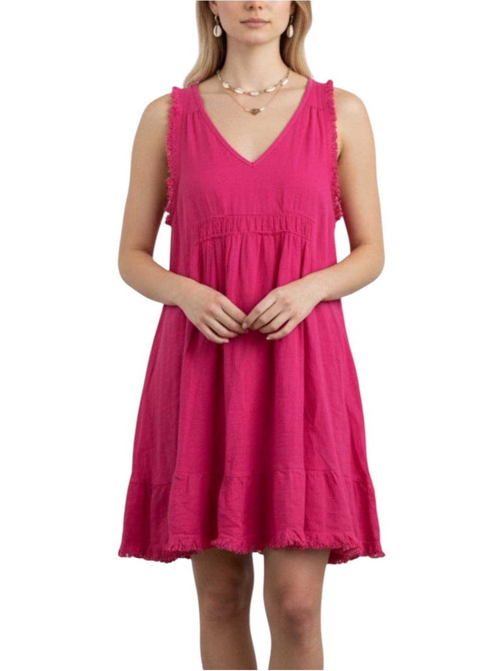 Umgee Hot Pink V-Neck Sleeveless Frayed Hem Boho Linen Blend Shift Dress